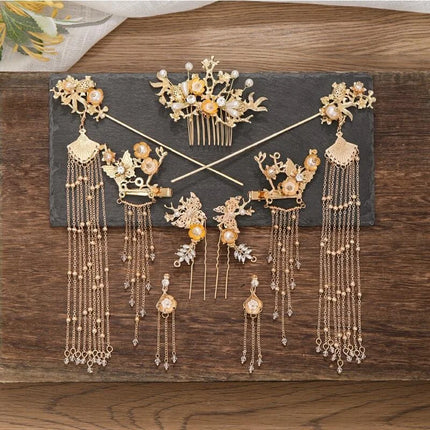 Chinese Long Hair Stick tiara Headpiece Women Hair Accessories Flower Crystal Pearl Hair Pins Handmade Hanfu Hair Jewelry Set