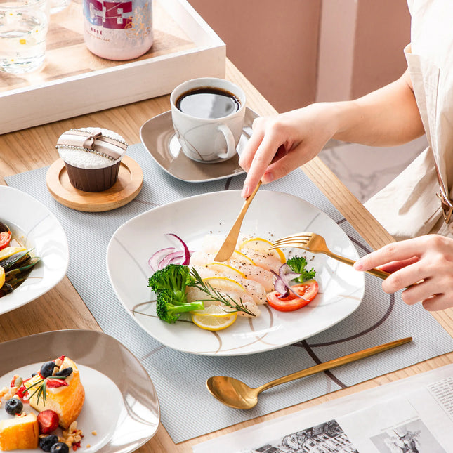 VEWEET 30/60-Piece Porcelain Ceramic Kitchen Dinner Plate Set with 5PCS Dessert Plates/Soup Plates/Dinner Plates/Cups/Saucers