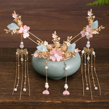 Chinese Long Hair Stick tiara Headpiece Women Hair Accessories Flower Crystal Pearl Hair Pins Handmade Hanfu Hair Jewelry Set