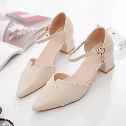 Women Sweet High Quality Beige Pu Leather Buckle Strap High Heel Shoes Lady Cool Comfort European Stylish Heel Shoes B9024