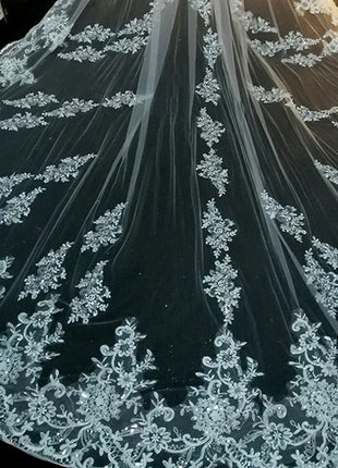 Luxury Long Bridal Veil White Ivory Wedding Veils With Comb Lace Edge Applique Elegant Cathedral Length Wedding Accessories
