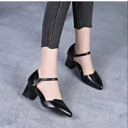 Women Sweet High Quality Beige Pu Leather Buckle Strap High Heel Shoes Lady Cool Comfort European Stylish Heel Shoes B9024