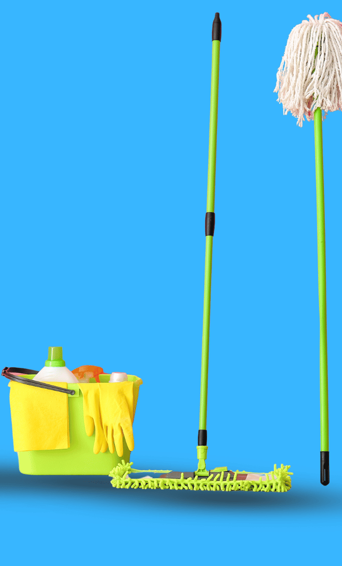 Collection of cleaning tools for floor cleaning on a blue background with text 'Mop floor cleaning'.