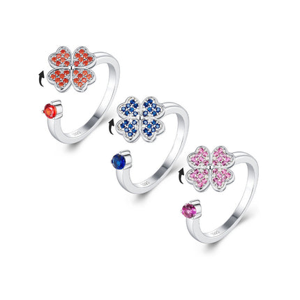 S925 Sterling Silver Four-leaf Clover Open Adjustable Rings Wholesale With Rotating Colorful Zircon For Women