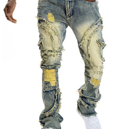 Men's Patchwork Fringe Slightly Flared Stretch Jeans