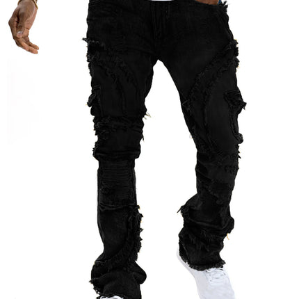 Men's Patchwork Fringe Slightly Flared Stretch Jeans