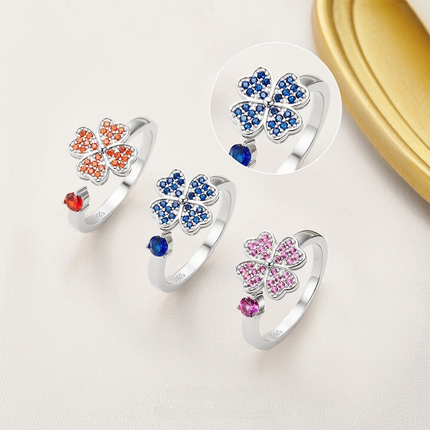 S925 Sterling Silver Four-leaf Clover Open Adjustable Rings Wholesale With Rotating Colorful Zircon For Women