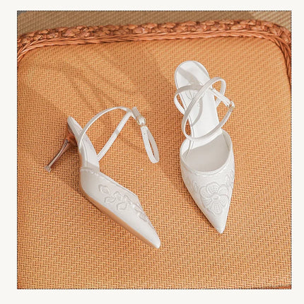 Women Fashion Pumps Woman 7cm Flower Heels High Heel Shoes Buckle Strap Silk Shallow Pointed Toe Sandals Lady Wedding Shoe white