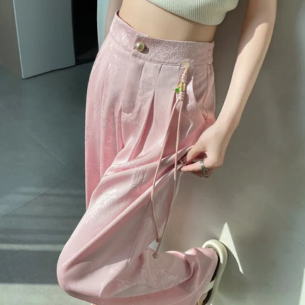 New Chinese Style Jacquard Wide Leg Satin Pants for Women Elegant Solid Office Lady Women's Casual Loose Pants Female