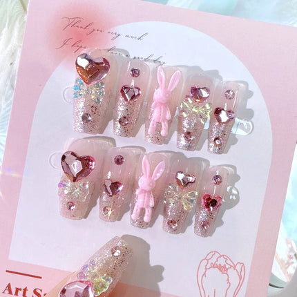 Blush Pink False Nails Bowknot Diamond Pearl 3D Design Press on Nail Tips
