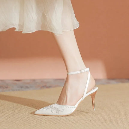 Women Fashion Pumps Woman 7cm Flower Heels High Heel Shoes Buckle Strap Silk Shallow Pointed Toe Sandals Lady Wedding Shoe white