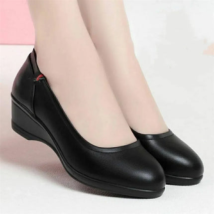light weight black spring comfort slip on wedge heel shoes lady cool black leather heel