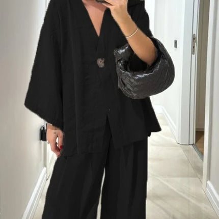 Casual Cotton Linen Loose Long Pants Suits Fashion Half Bubble Sleeve V-neck One Button Shirt Sets
