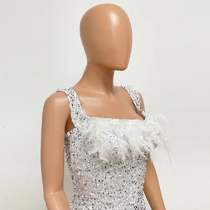 Spring And Summer Women's Clothing MINI Short Solid Color New Wind Sequins Halter Beach Dress One-word Shoulder Feathers Spice G