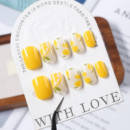 24pcs Short Square Yellow Lemon Press On Nails For Women Nude Pink