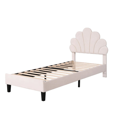 90 x 200 cm Single Bed for Teenagers and Adult , Beige Velvet Fabric with Flower-shaped Headboard and Slatted Frame
