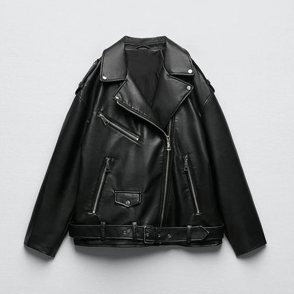 Women Loose Motorcycle Biker Black Pu Faux Leather Jacket with Belt Spring Autumn Female Zipper Coat Outwear