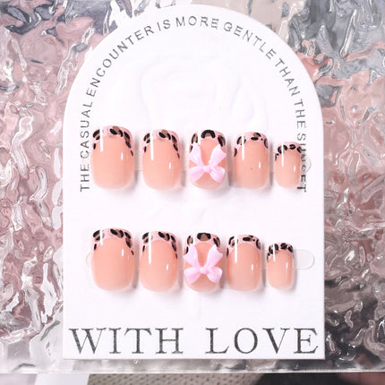 24Pcs Gold Ripple Brown Flowers False Nails with Rhinestones Pearl Design