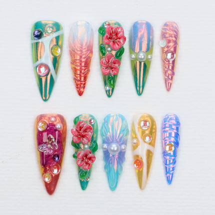 10Pcs Custom 3D beautiful handmade Flowers Manicure Press On Nails,