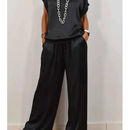 2-piece Set Fashion Satin O Neck T-shirt Top Trousers Summer Retro Elegant Casual Loose Wide