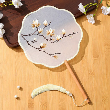 Embroidered Group Fan Ancient Style Fan Summer Long Handled Tassel Dance Hanfu Palace Fan Children's Cheongsam Round Fan