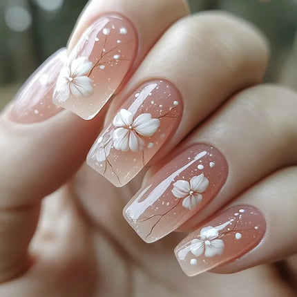 24pcs Short Square Press on Nails Jade Flower Sparkling