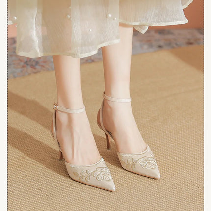 Women Fashion Pumps Woman 7cm Flower Heels High Heel Shoes Buckle Strap Silk Shallow Pointed Toe Sandals Lady Wedding Shoe white