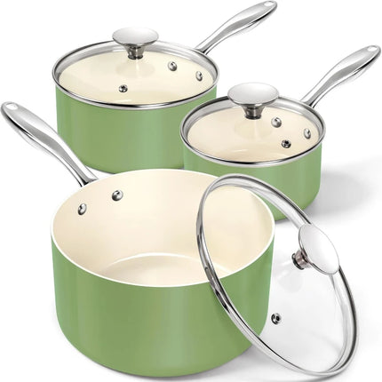 Non Stick Saucepan with Lid Stainless Steel Handle Ceramic Coating Milk Pot for Cooking Scratch