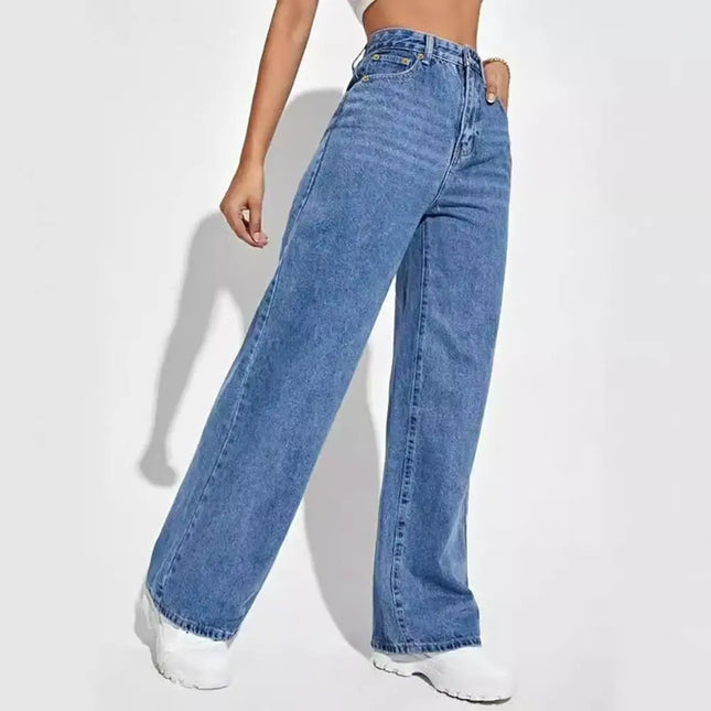 Waist Denim Pants For Women Stretchy Wide-Leg Jeans With Pockets Casual Straight Leg