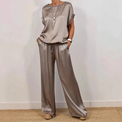 Casual Loose Satin T Shirt Pants Two Piece Sets Women Fashion O-neck Short Sleeve T Shirts Suit Spring Summer