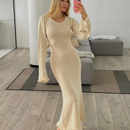 Cryptographic Elegant Knitted Sweater Maxi Dress Outfits for Women Flare Sleeve Sexy Backless Dresses Edible Tree Fungus Clothes