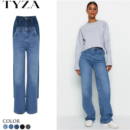 Trendyol TYZA Women's Jeans Casual Beltless Wide Leg Denim Plain Jeans Wide Leg Casual Pants Denim Pants