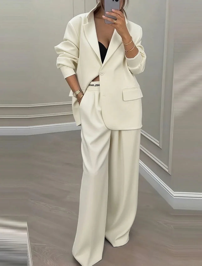 Women's Pants Suit Loose Solid Color Autumn Winter Commuting Long-sleeved Lapel Top Wide-leg Trousers