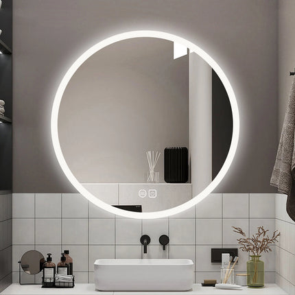 Round Bathroom Mirror with LED Lights Wall-mounted Anti-fog Mirror Light Touch Switch Color Temperature Adjustable Stepless Dimm