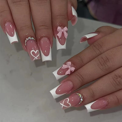 24pcs Sweet Cat Eye French Press on Nails Diamond-Pointed