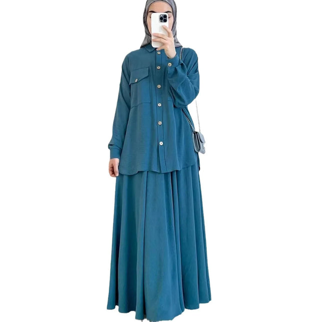 2-Piece Long Sleeve Shirt and Skirts Set for Women Elegant Abaya Dubai Turkey Islamic Casual Tops Monochromatic Skirt Fashion