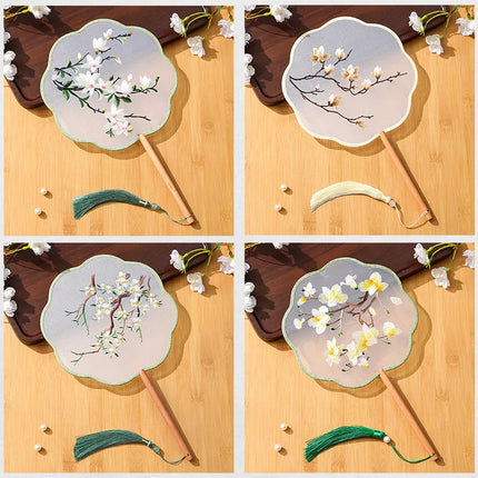Embroidered Group Fan Ancient Style Fan Summer Long Handled Tassel Dance Hanfu Palace Fan Children's Cheongsam Round Fan