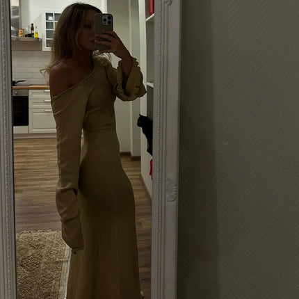 Cryptographic Elegant Knitted Sweater Maxi Dress Outfits for Women Flare Sleeve Sexy Backless Dresses Edible Tree Fungus Clothes