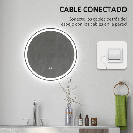 Kleankin round bathroom mirror with adjustable LED lights Ø 60 cm anti fog Silver