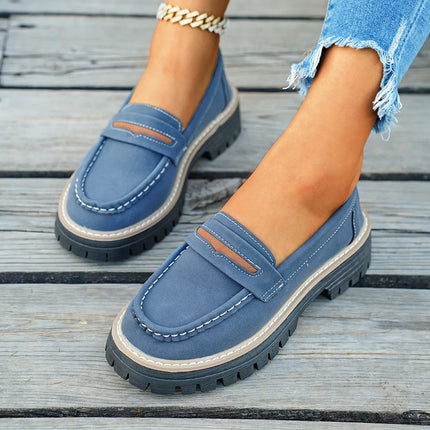 Women's Retro Thick Bottom Slip-On Loafers Comfortable Casual round Toe PU Leather