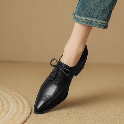 EAGSITY Cow leather lace up pointed toe oxford shoes women shoes block Heel Women high heel derby shoes outdoor sneaker