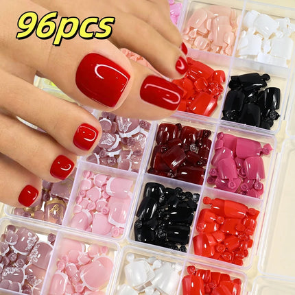 96Pcs-box Short Press On Toe Nails Red High Saturation Fake Toe Nails French