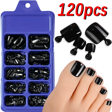 144pcs Short Square False Toe Nails Lake Blue/White/Red/Nude Press