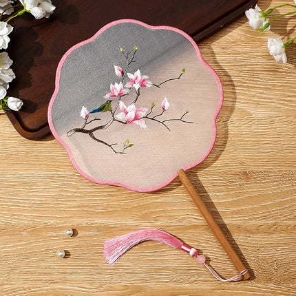 Embroidered Group Fan Ancient Style Fan Summer Long Handled Tassel Dance Hanfu Palace Fan Children's Cheongsam Round Fan