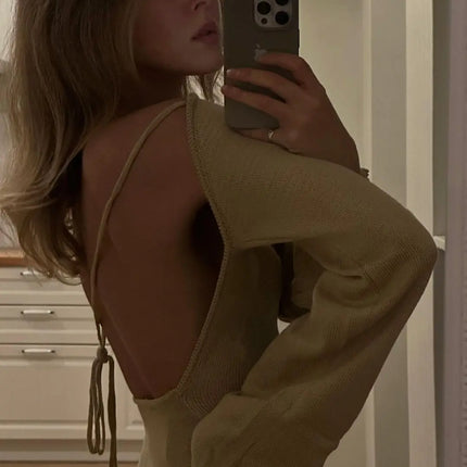 Cryptographic Elegant Knitted Sweater Maxi Dress Outfits for Women Flare Sleeve Sexy Backless Dresses Edible Tree Fungus Clothes