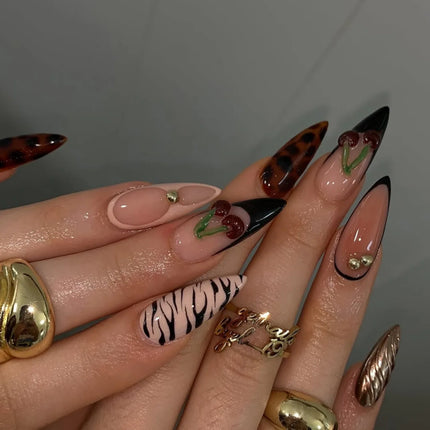 24pcs Leopard Print Almond Fake Press on Nails with Mini Flower Acrylic