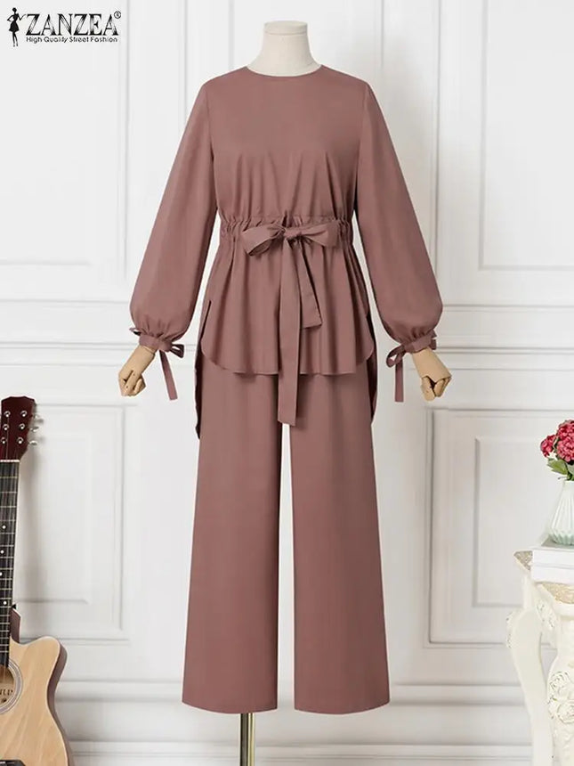 Muslim Women Matching Sets Long Sleeve Solid Color Tops And Loose Pant Suits Elegant Fashion Casual Tracksuit Kaftan 2025