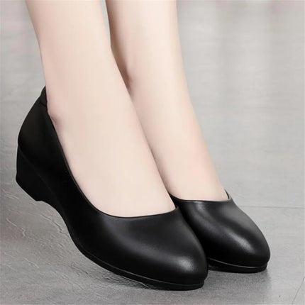 light weight black spring comfort slip on wedge heel shoes lady cool black leather heel