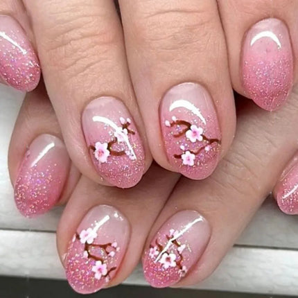 24pcs Short Square Press on Nails Jade Flower Sparkling