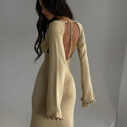 Cryptographic Elegant Knitted Sweater Maxi Dress Outfits for Women Flare Sleeve Sexy Backless Dresses Edible Tree Fungus Clothes